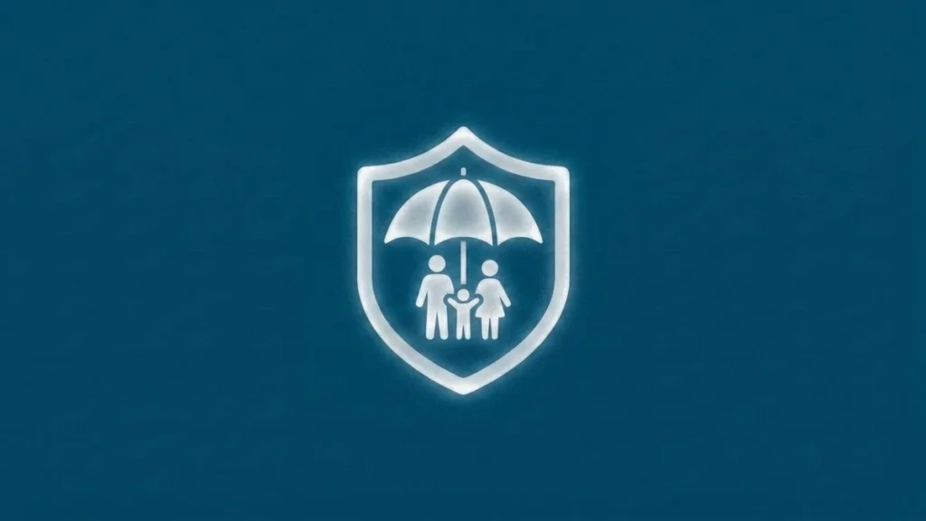 Ilustración de escudo con paraguas y familia protegida que representa el marketing para corredurías de seguros