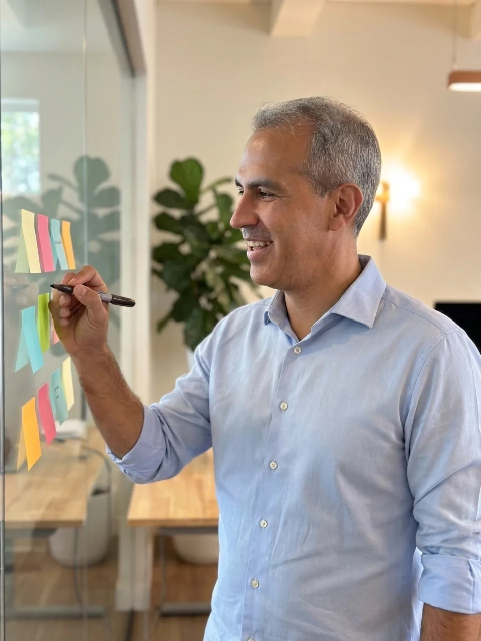 Carlos Jiménez, director de Hola in Company, planificando la estrategia con notas adhesivas en la oficina