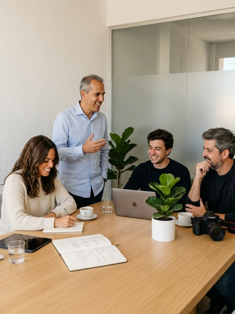 El equipo de Hola in Company en una reunión creativa: Carlos Jiménez de pie con Rocío Carrillo, Ignacio Navarro y David Crespo