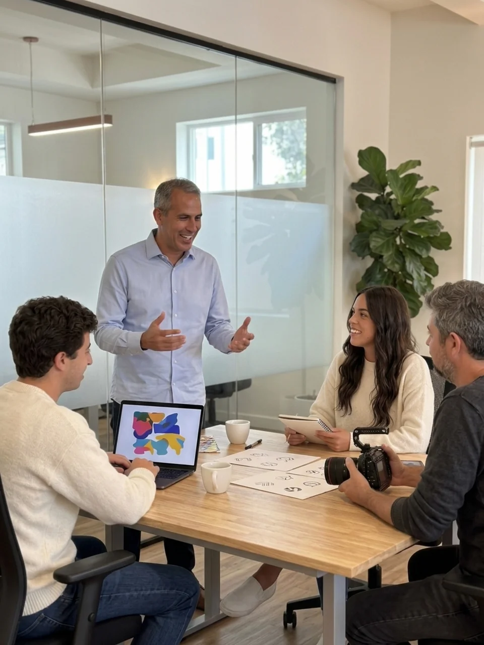 El equipo de Hola in Company reunido en la oficina: Carlos Jiménez dirige la reunión con Rocío Carrillo, Ignacio Navarro y David Crespo