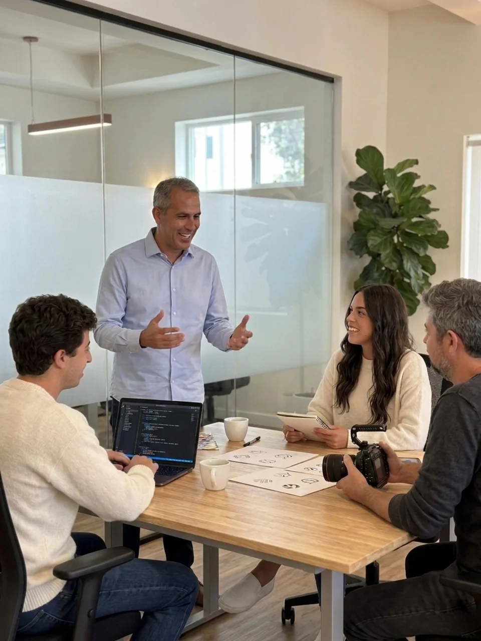 El equipo de Hola in Company reunido en la oficina: Carlos Jiménez dirige la reunión con Rocío Carrillo, Ignacio Navarro y David Crespo