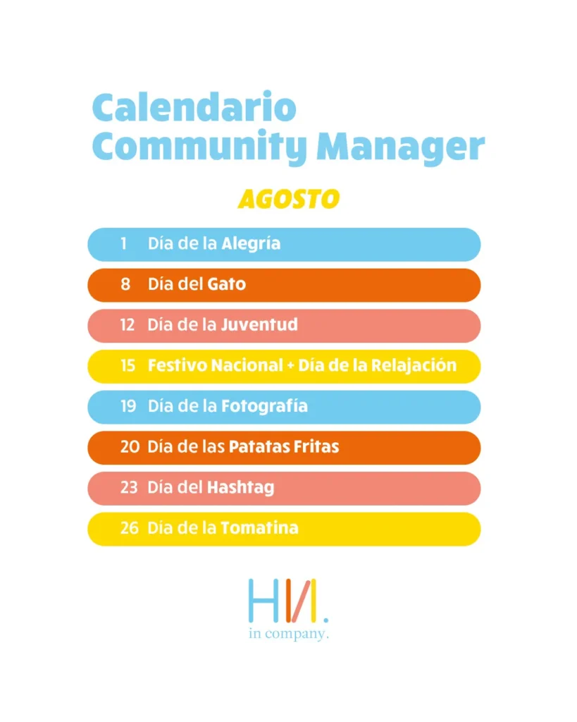 Calendario del community manager de agosto de Hola in Company con las fechas clave del mes