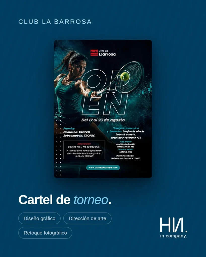 Cartel del Open de tenis del Club La Barrosa, ejemplo de diseño gráfico para clubes firmado por Hola in Company