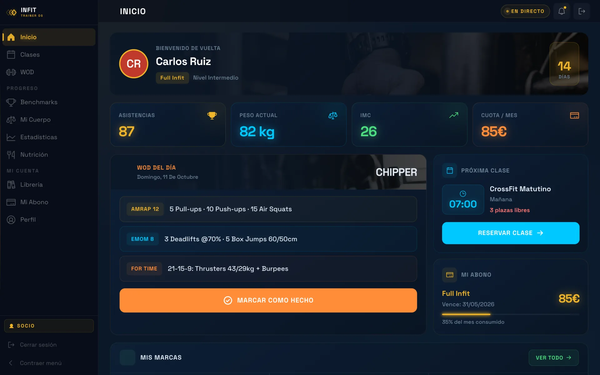 App del socio de Infit Trainer con datos de ejemplo