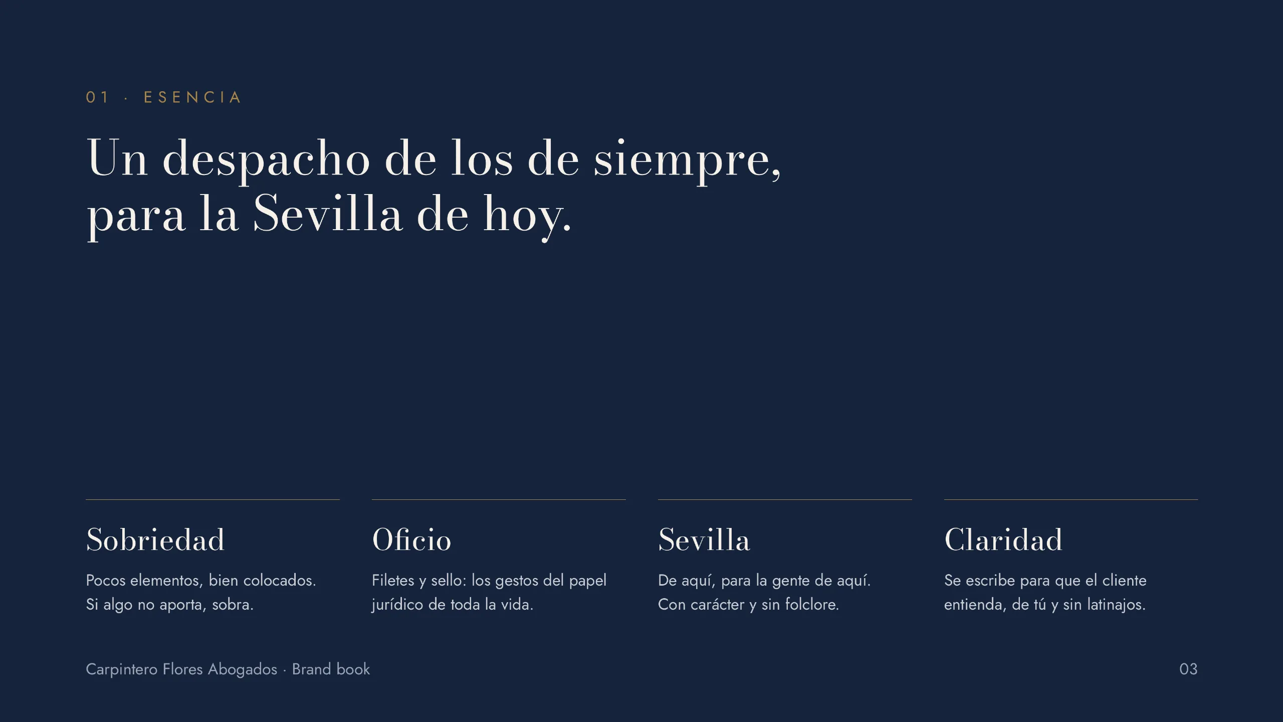 Carpintero Flores Abogados brand book: brand essence