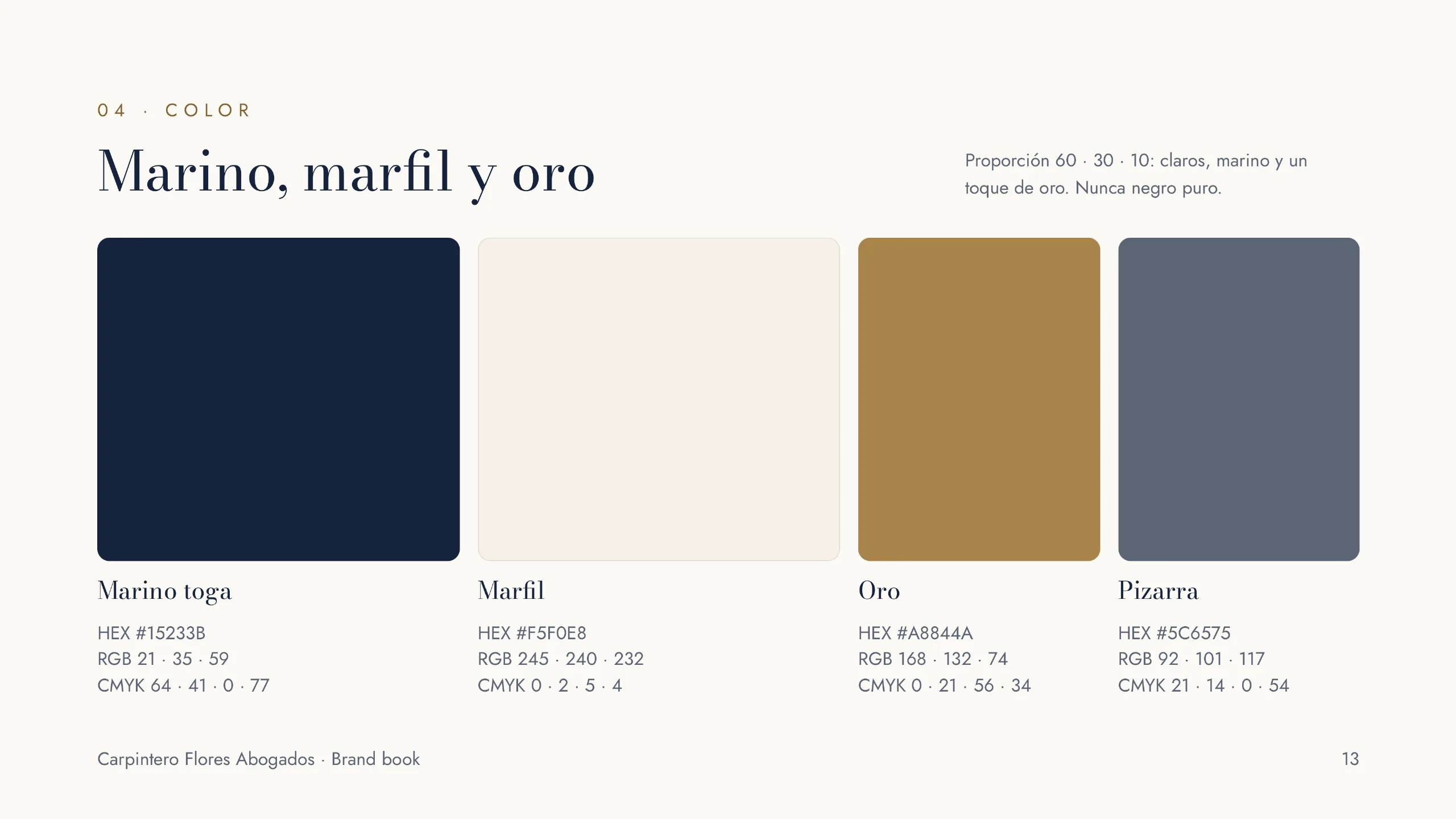 Carpintero Flores Abogados brand book: color palette