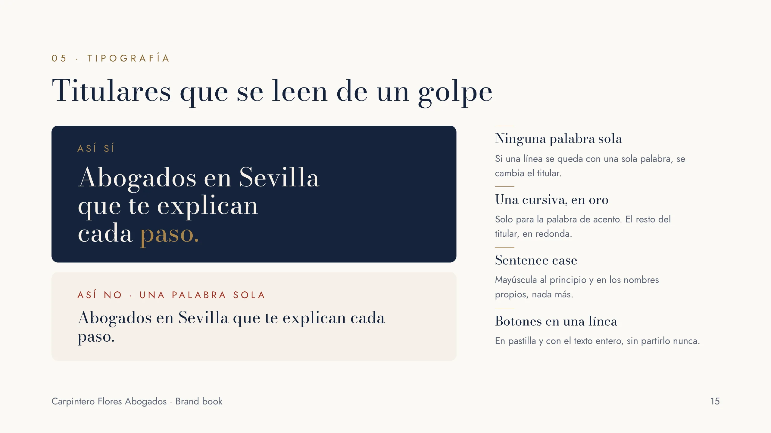 Carpintero Flores Abogados brand book: headlines