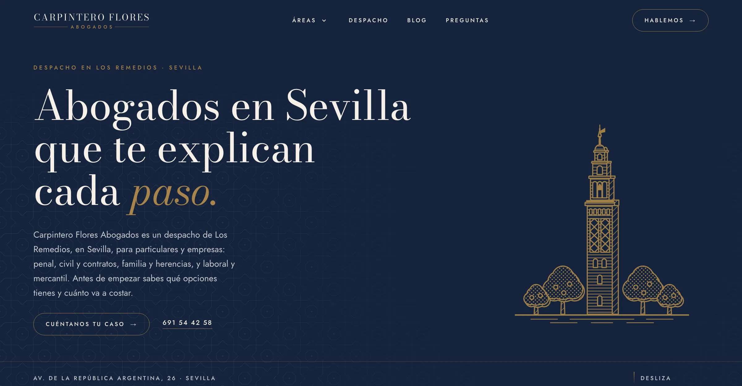 Carpintero Flores Abogados website on desktop: home page with the engraved Giralda