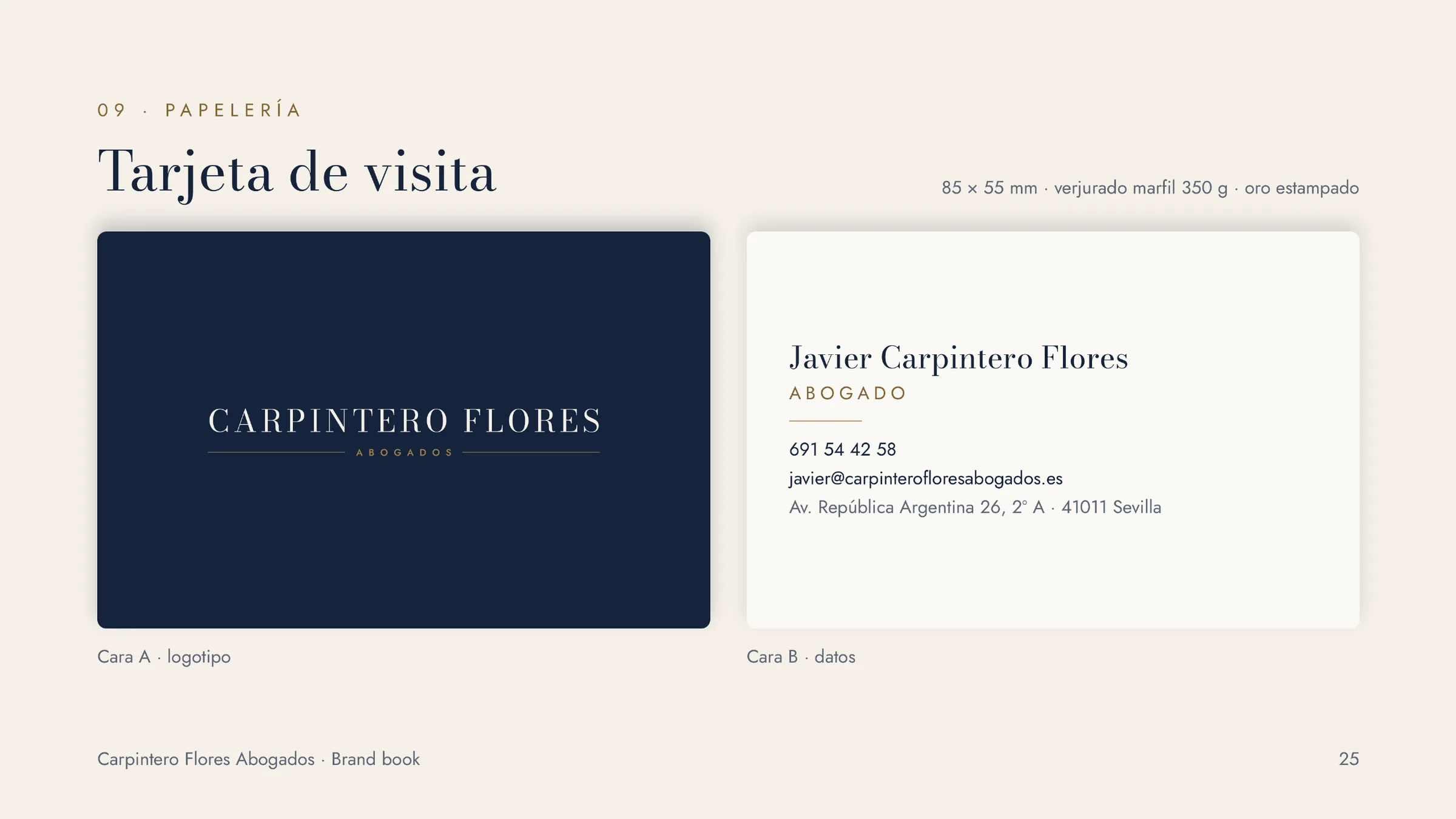 Carpintero Flores Abogados business card, front and back