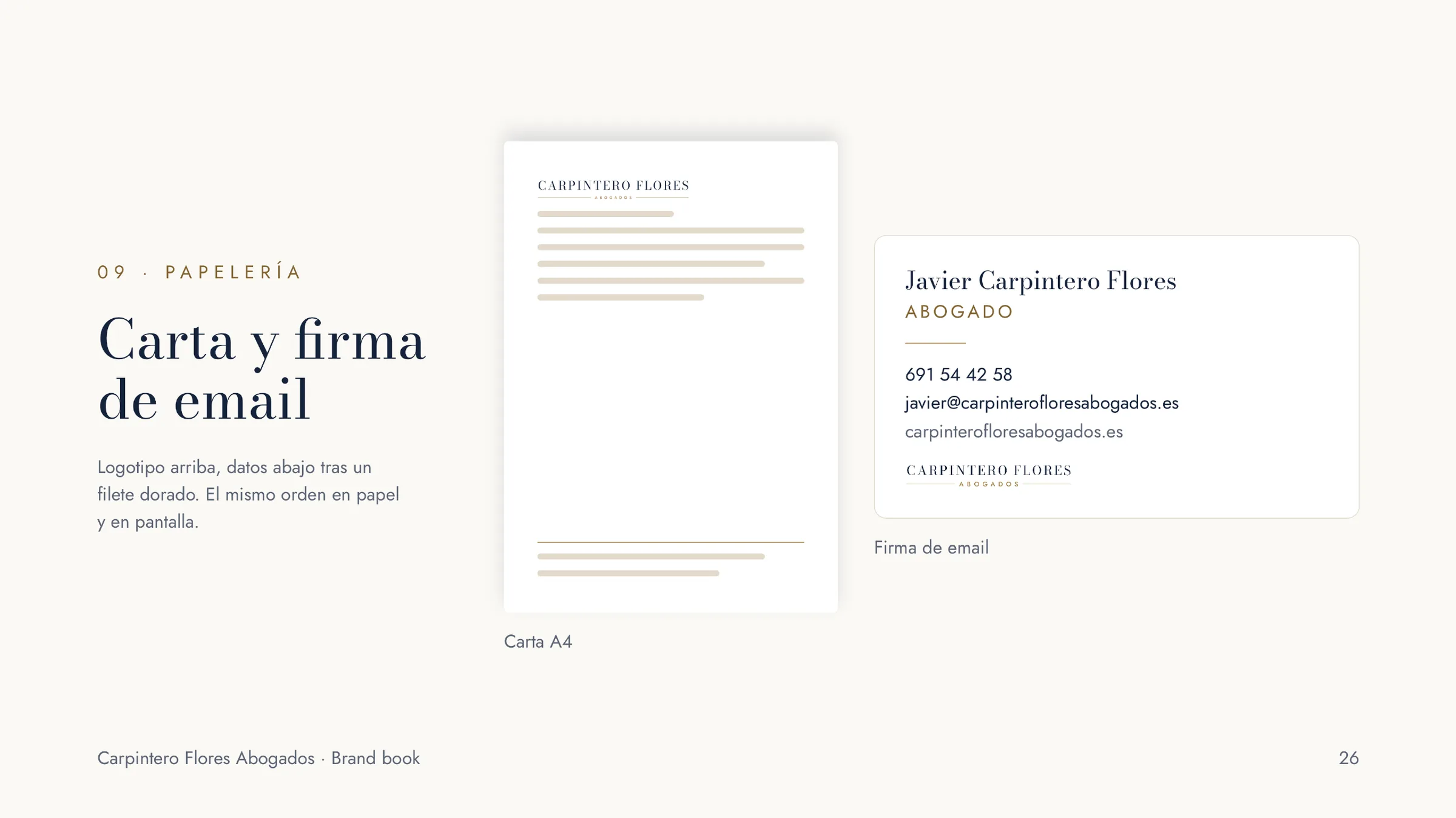 A4 letterhead and email signature for Carpintero Flores Abogados