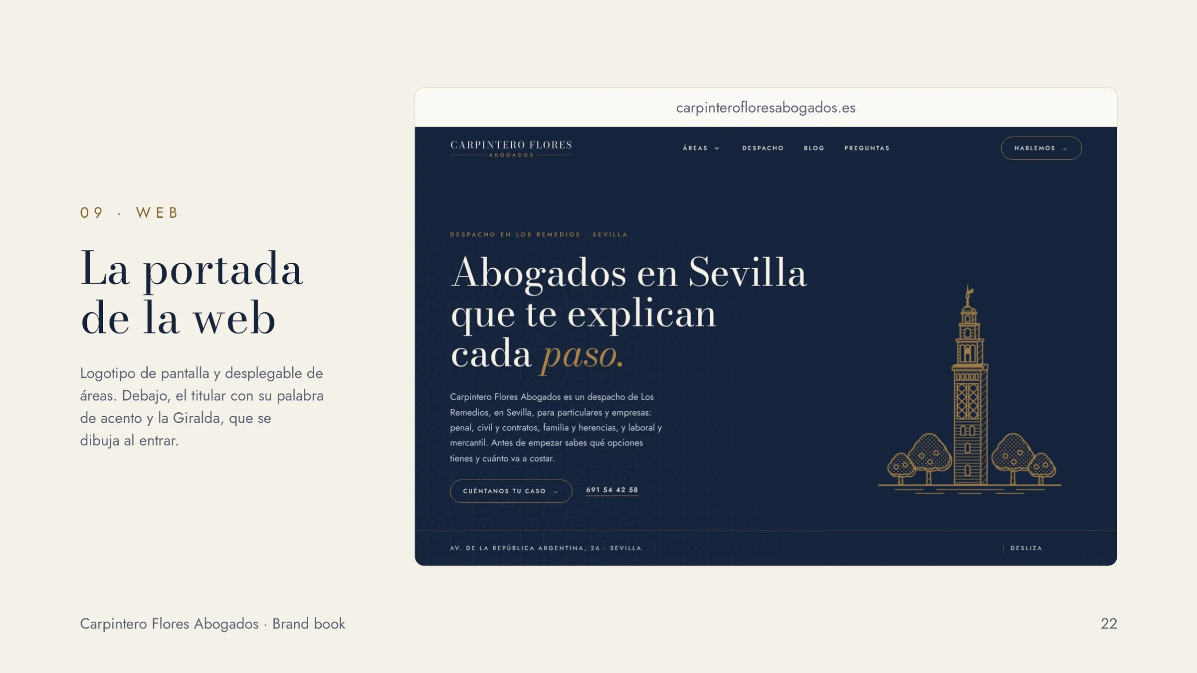 Cover of the Carpintero Flores Abogados website within the brand book