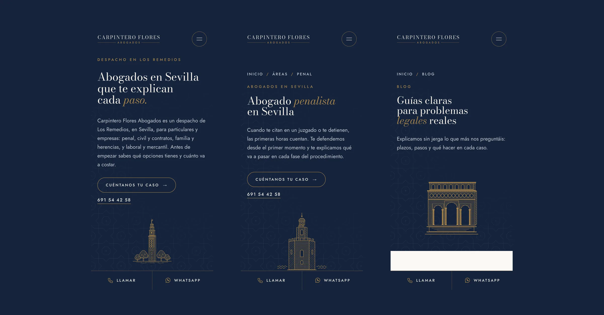 Carpintero Flores Abogados website on mobile: home page, criminal law area and blog
